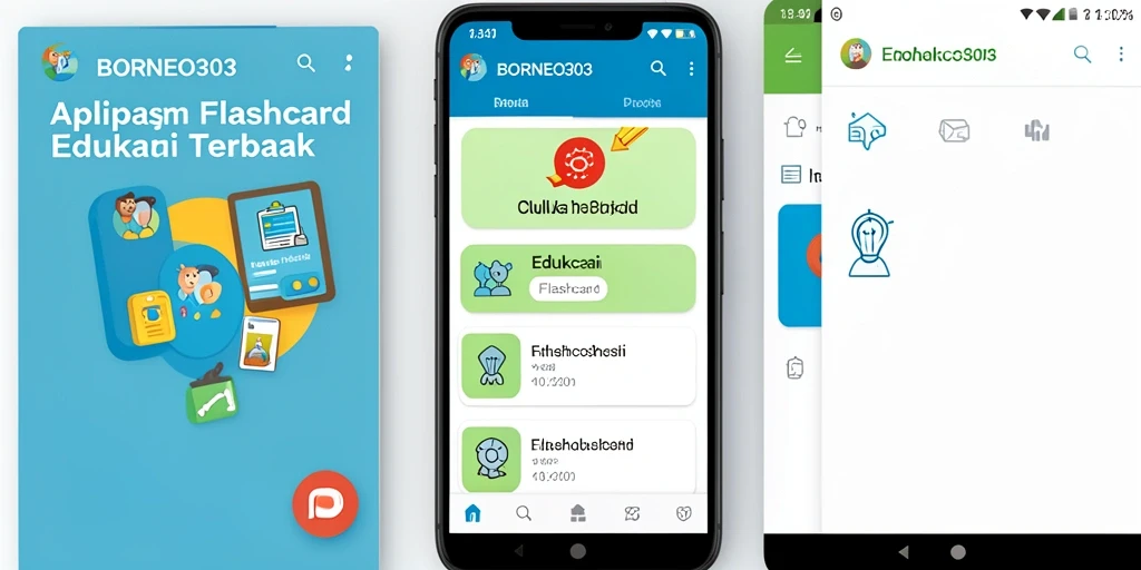 Antarmuka aplikasi BORNEO303 dengan fungsi flashcard yang menarik.