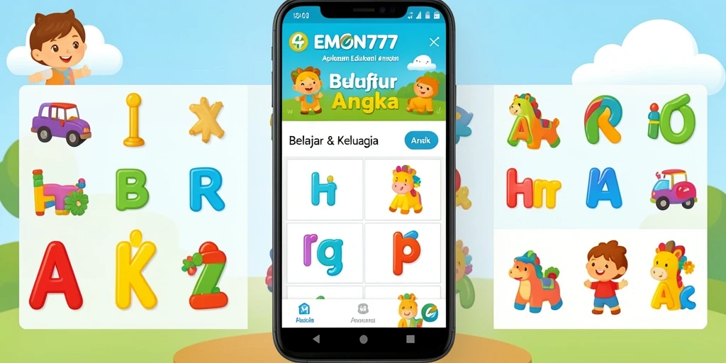 Tampilan antarmuka EMON777 yang menyenangkan untuk belajar huruf dan angka.