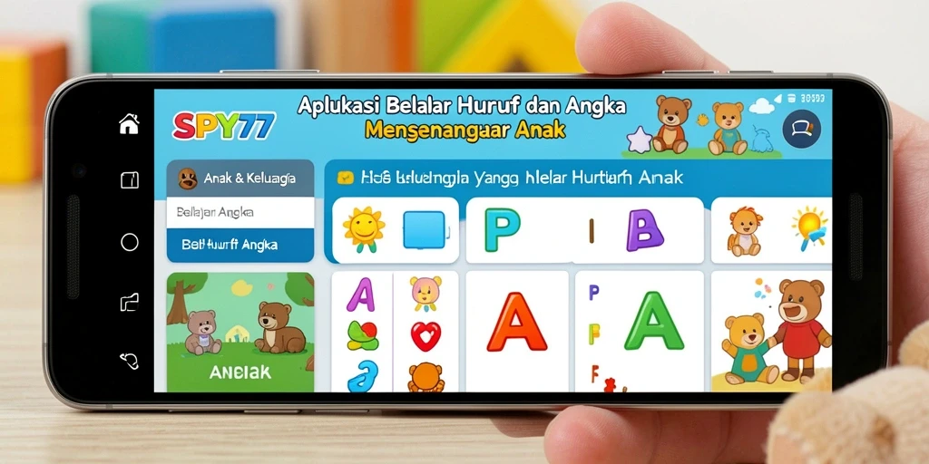 Tampilan antarmuka SPY77 yang menarik untuk belajar huruf dan angka.